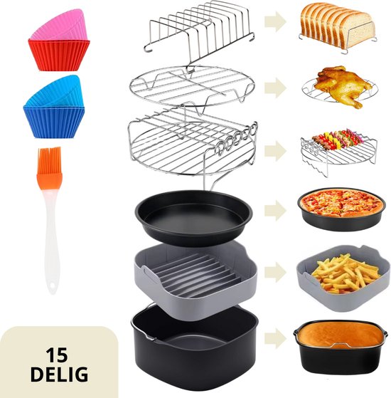 Keukenvriend Airfryer Accessoires Set 15-delig met vierkant mandje