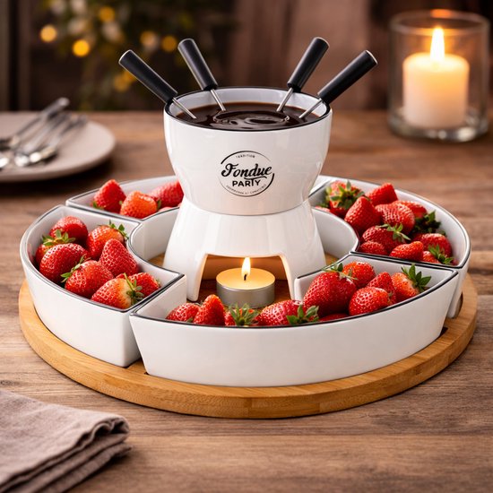 Fondue set van porselein en bamboe voor 4 personen met draaiplateau