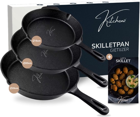 Kitchenz gietijzeren pannenset van drie maten voor oven, bbq, gas en inductie