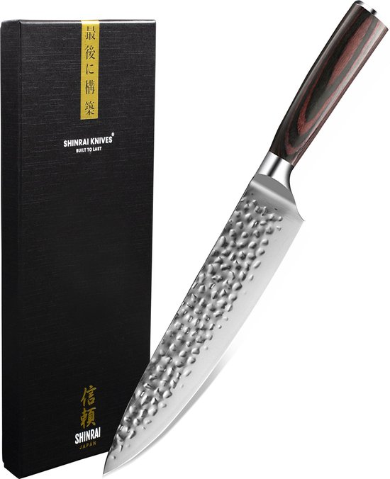 Shinrai Japan Koksmes 20 cm met gehamerd RVS lemmet en geschenkdoos