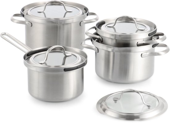 BK Q-linova RVS pannenset van 4 delen met glazen deksels