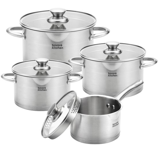 Savoré Kitchen RVS pannenset van 8 delen met glazen deksels