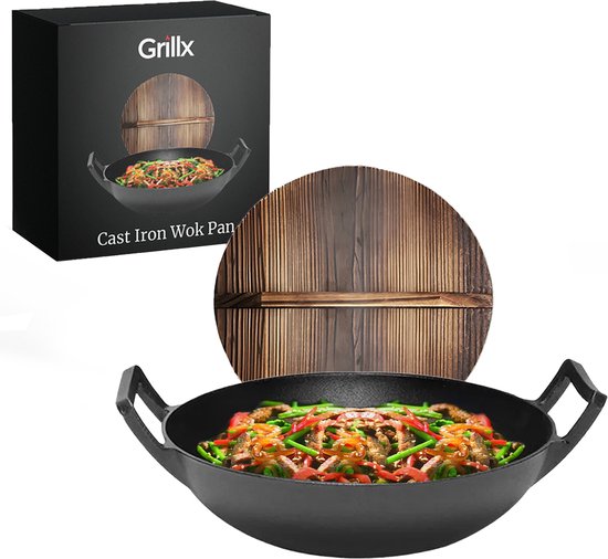GrillX gietijzeren wokpan met houten deksel