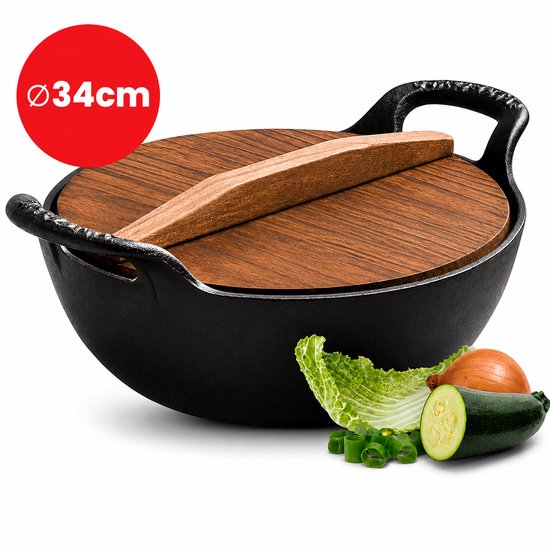 SEPH gietijzeren wok met houten deksel