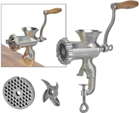 HI handbediende vleesmolen van roestvrij staal met houten handvat