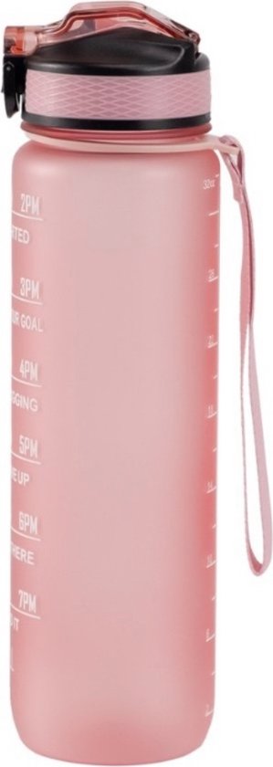 Motivatie waterfles in de kleur roze met tijdmarkering