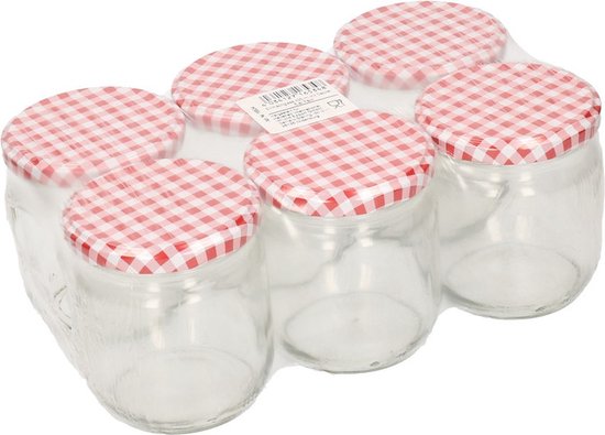 Ronde inmaakpotten van 425 ml met rood-wit deksel, set van 6