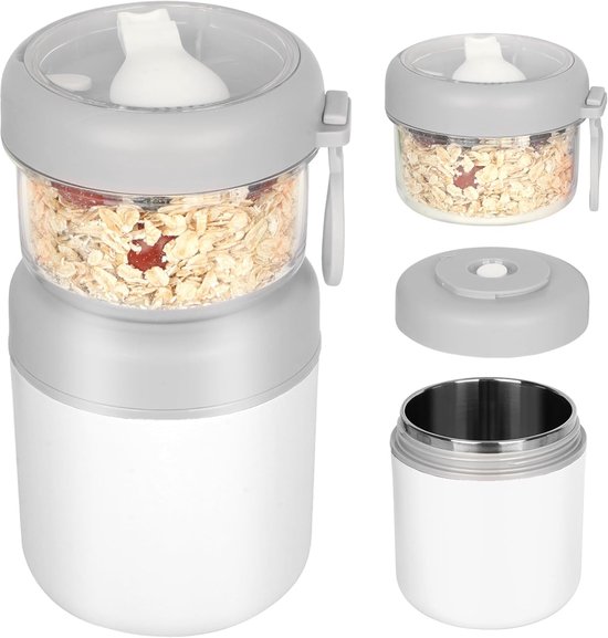 Draagbare RVS yoghurtbeker met deksel en lepel, 530 plus 330 ml